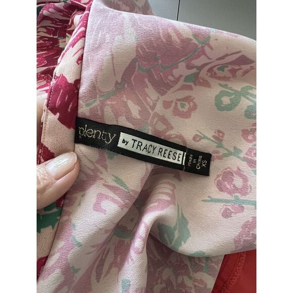 Plenty Tracy Reece XS Bright Pink Floral Long Slv Floral Tie Neck Peplum Tunic - Picture 4 of 6